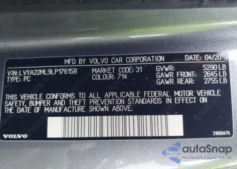 2020 Volvo S90 T6 Inscription from USA, damaged, VIN LVYA22ML9LP176158